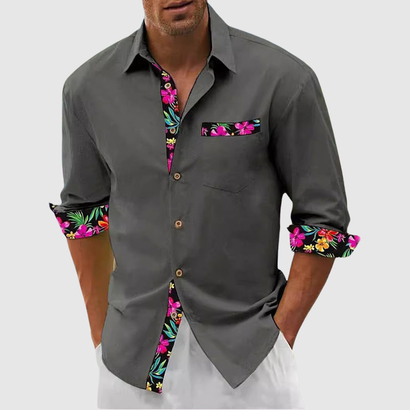 Men’s Button-Up Shirt – Long Sleeve – Structured Collar – Floral Accent Trim