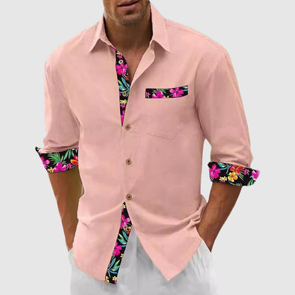 Men’s Button-Up Shirt – Long Sleeve – Structured Collar – Floral Accent Trim