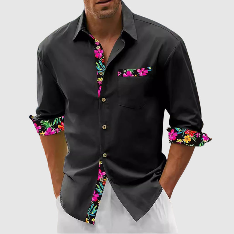 Men’s Button-Up Shirt – Long Sleeve – Structured Collar – Floral Accent Trim