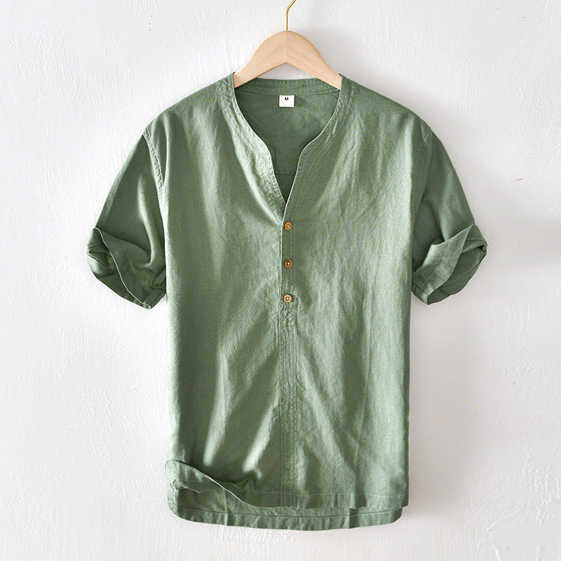 Men’s Casual Shirt - Lightweight - Short Sleeve - Relaxed Fit - V-Neck