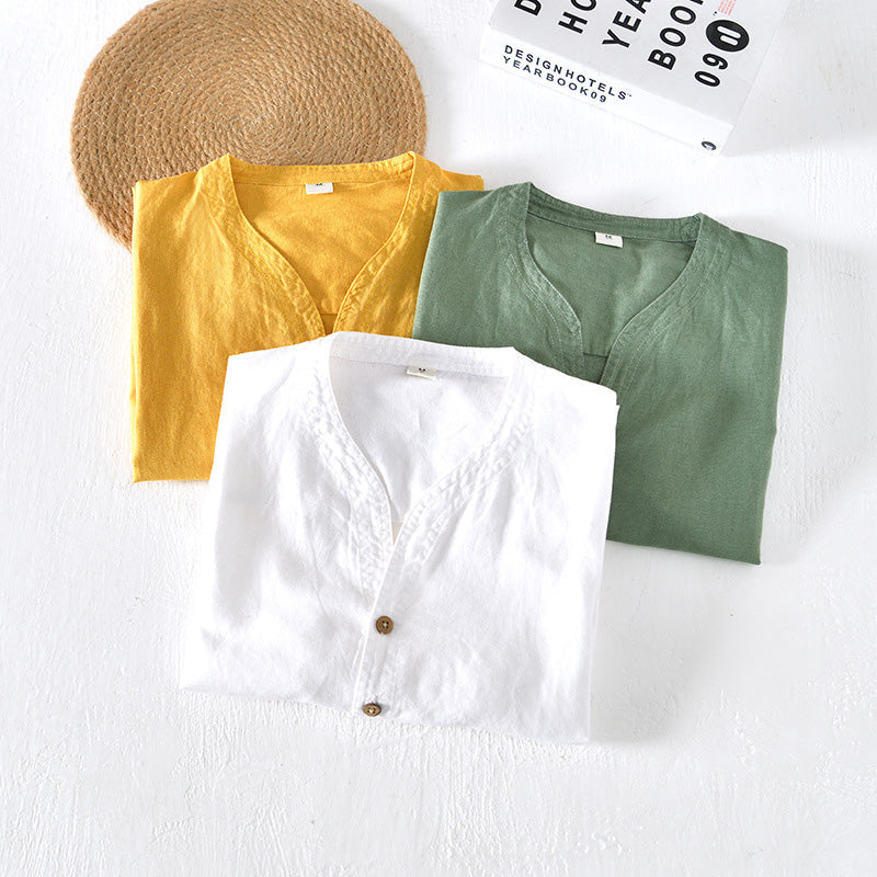 Men’s Casual Shirt - Lightweight - Short Sleeve - Relaxed Fit - V-Neck