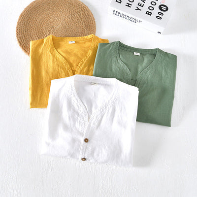 Men’s Casual Shirt - Lightweight - Short Sleeve - Relaxed Fit - V-Neck