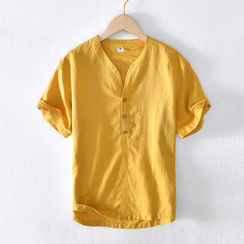 Men’s Casual Shirt - Lightweight - Short Sleeve - Relaxed Fit - V-Neck