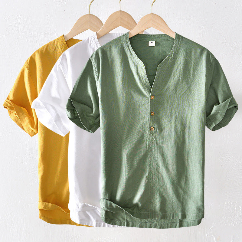 Men’s Casual Shirt - Lightweight - Short Sleeve - Relaxed Fit - V-Neck