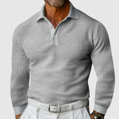 Men’s Knitted Polo Shirt - Waffle Texture - Slim Fit - Long Sleeve Smart Casual