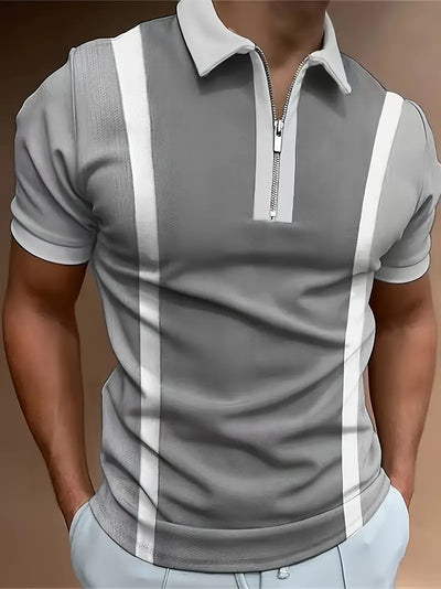 Men’s Polo Shirt - Fitted Cut - Zipper Closure - Contrast Stripe Detail - Short Sleeve