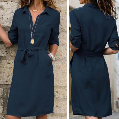 Women's Shirt Dress - Button Down - Belted Waist - Elbow Sleeve Lightweight Fit