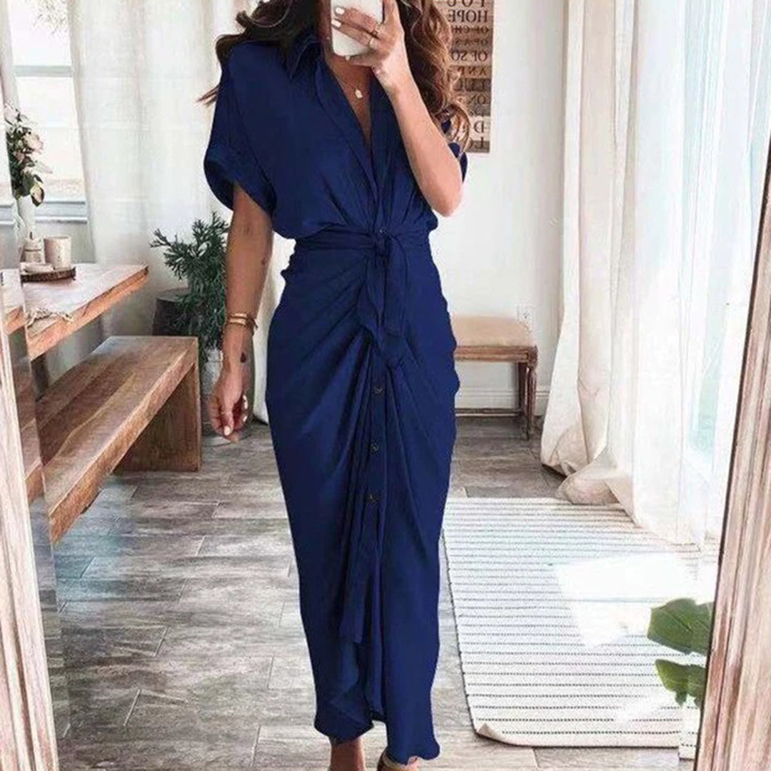 Women's Shirt Dress - Button Down - Waist Tie - Short Sleeve Flowy Midi Length