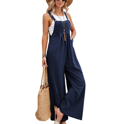 Women's Jumpsuit - Lightweight Linen Cotton - Sleeveless Wide-Leg - Adjustable Straps