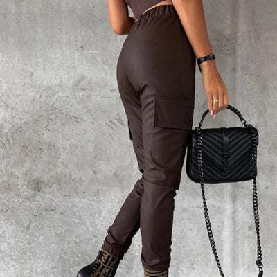 Women's High-Waisted Faux Leather Trousers - Tapered Fit - Multi-Pocket Cargo Style