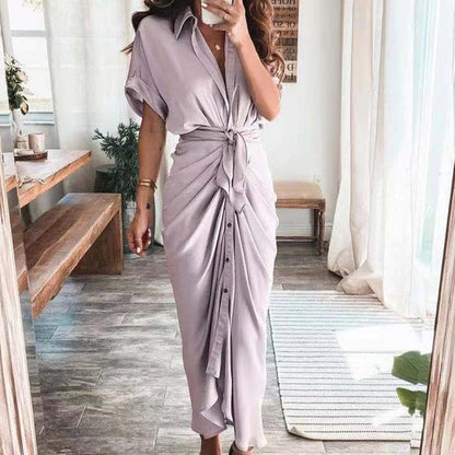 Women's Shirt Dress - Button Down - Waist Tie - Short Sleeve Flowy Midi Length