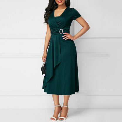Women's Knee-Length Dress - V-Neck Wrap Style - Short Sleeve Draped Asymmetrical Hem