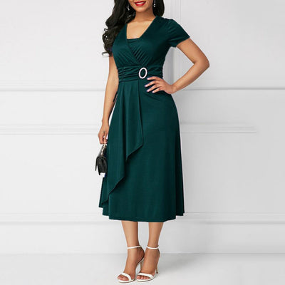 Women's Knee-Length Dress - V-Neck Wrap Style - Short Sleeve Draped Asymmetrical Hem