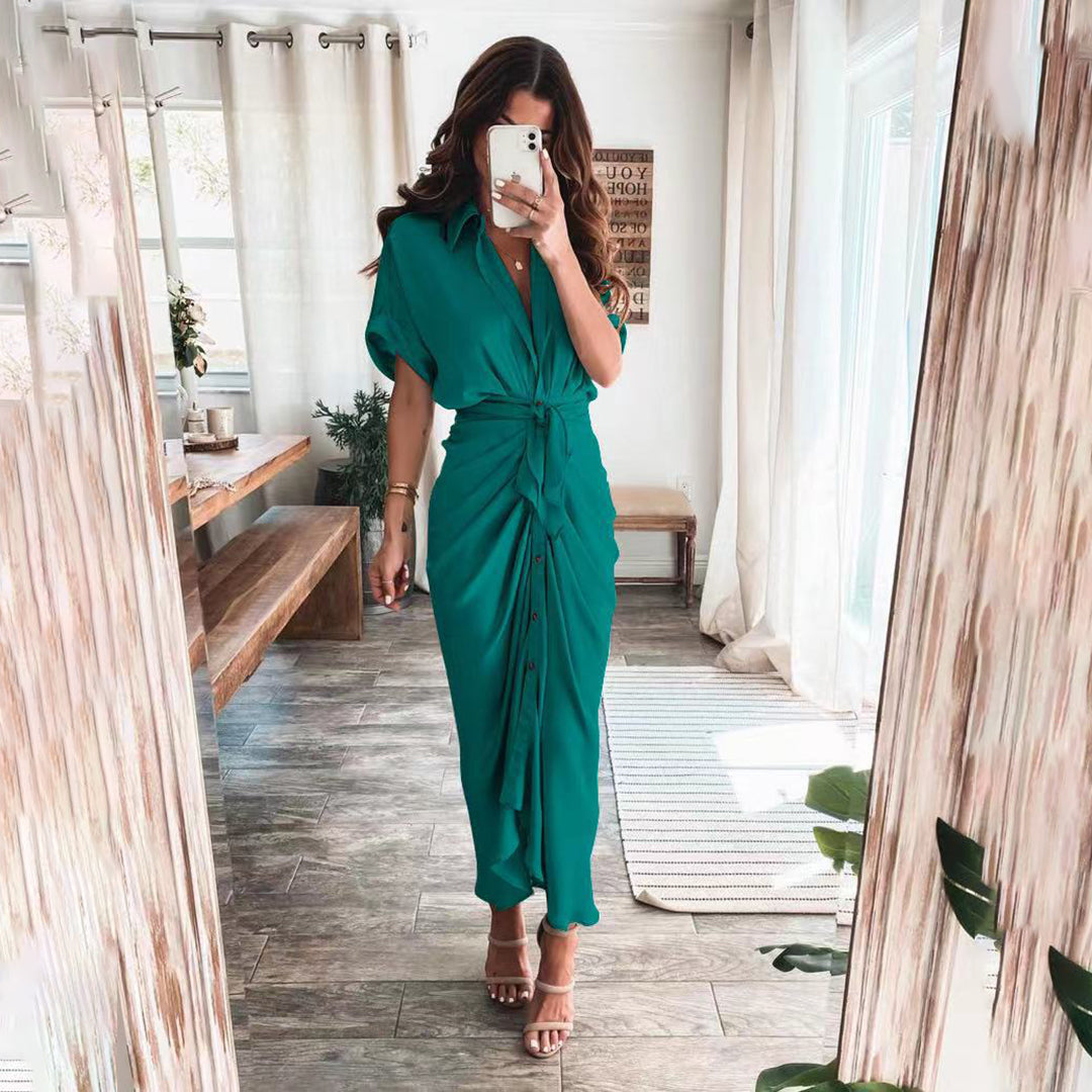 Women's Shirt Dress - Button Down - Waist Tie - Short Sleeve Flowy Midi Length