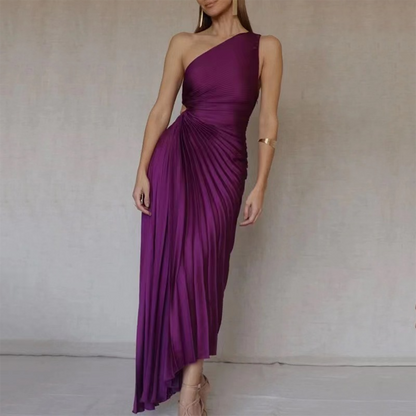 Women's One-Shoulder Evening Gown - Pleated Design - Fitted Bodice - Floor-Length Elegant Wear