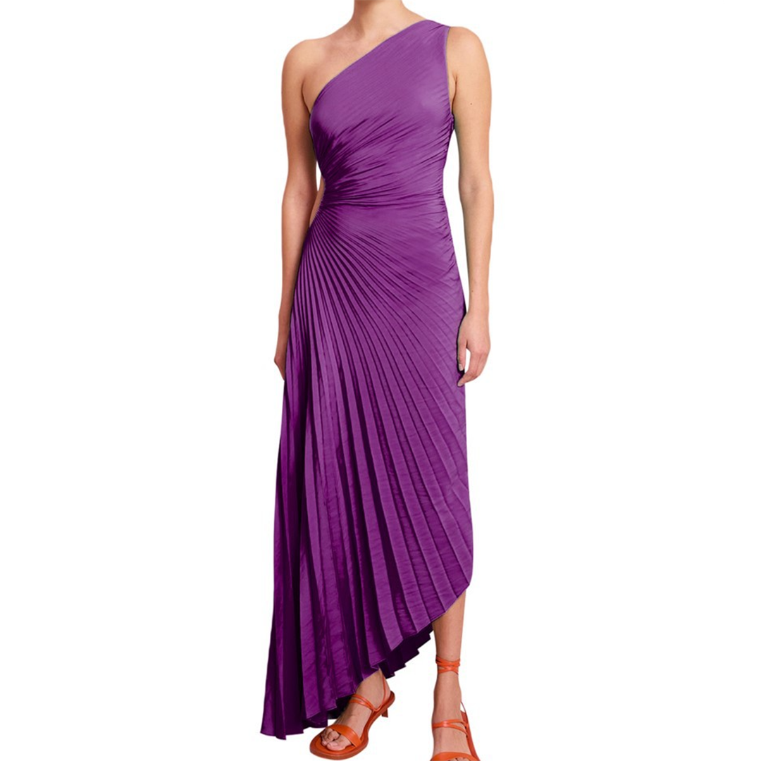 Women's One-Shoulder Evening Gown - Pleated Design - Fitted Bodice - Floor-Length Elegant Wear