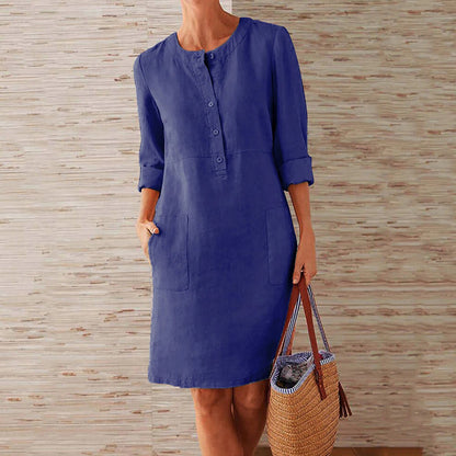Women's Knee-Length Dress - Relaxed Fit - Button Front - Long Sleeves - Lightweight Fabric