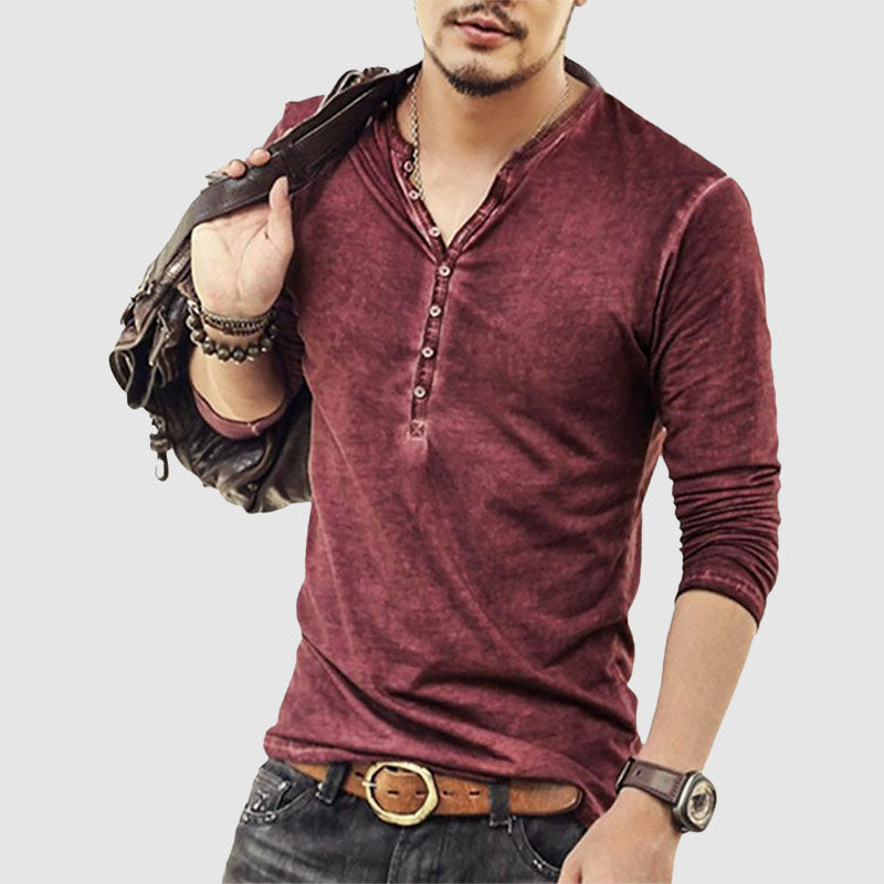 Men’s Henley Shirt - Long Sleeve - Slim Fit - Buttoned Placket - Casual Wear