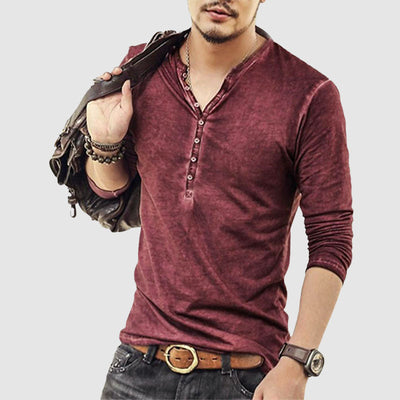 Men’s Henley Shirt - Long Sleeve - Slim Fit - Buttoned Placket - Casual Wear