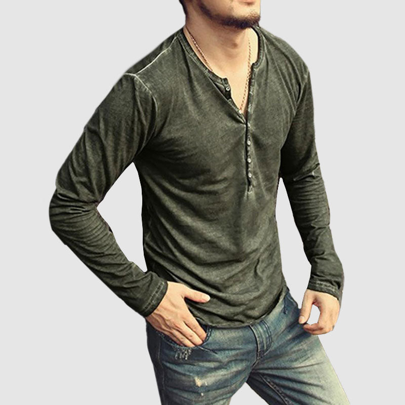 Men’s Henley Shirt - Long Sleeve - Slim Fit - Buttoned Placket - Casual Wear