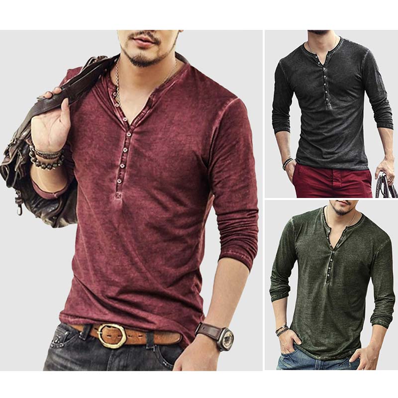 Men's retro V-neck long-sleeve casual shirt