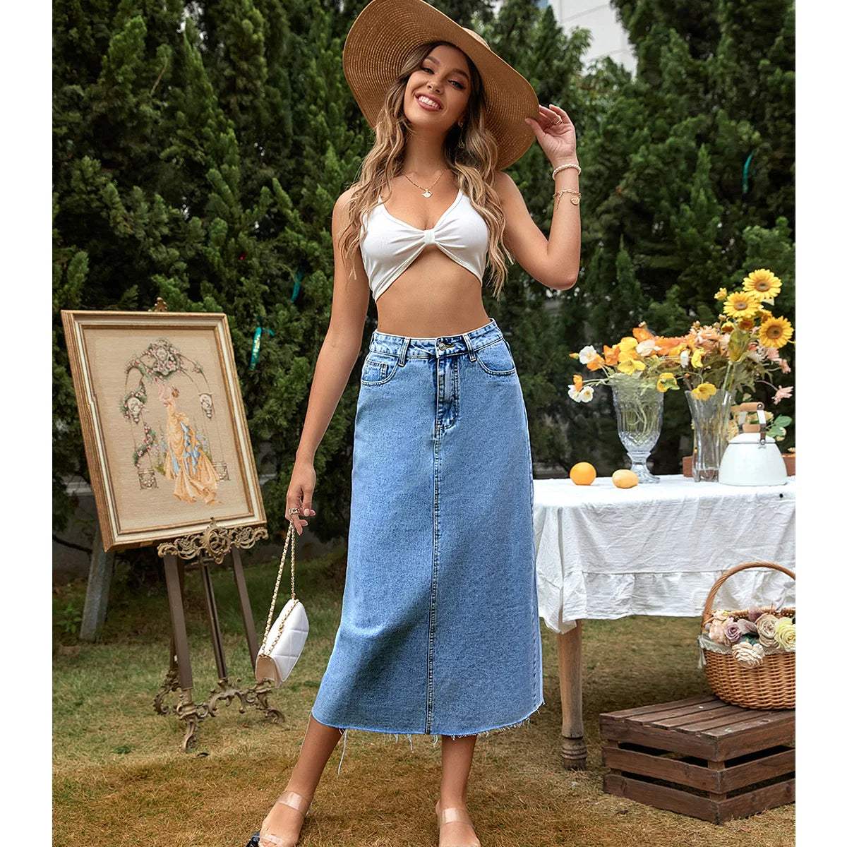 Women's Denim Maxi Skirt - High Waist - Straight Cut - Frayed Hem - Front Pockets