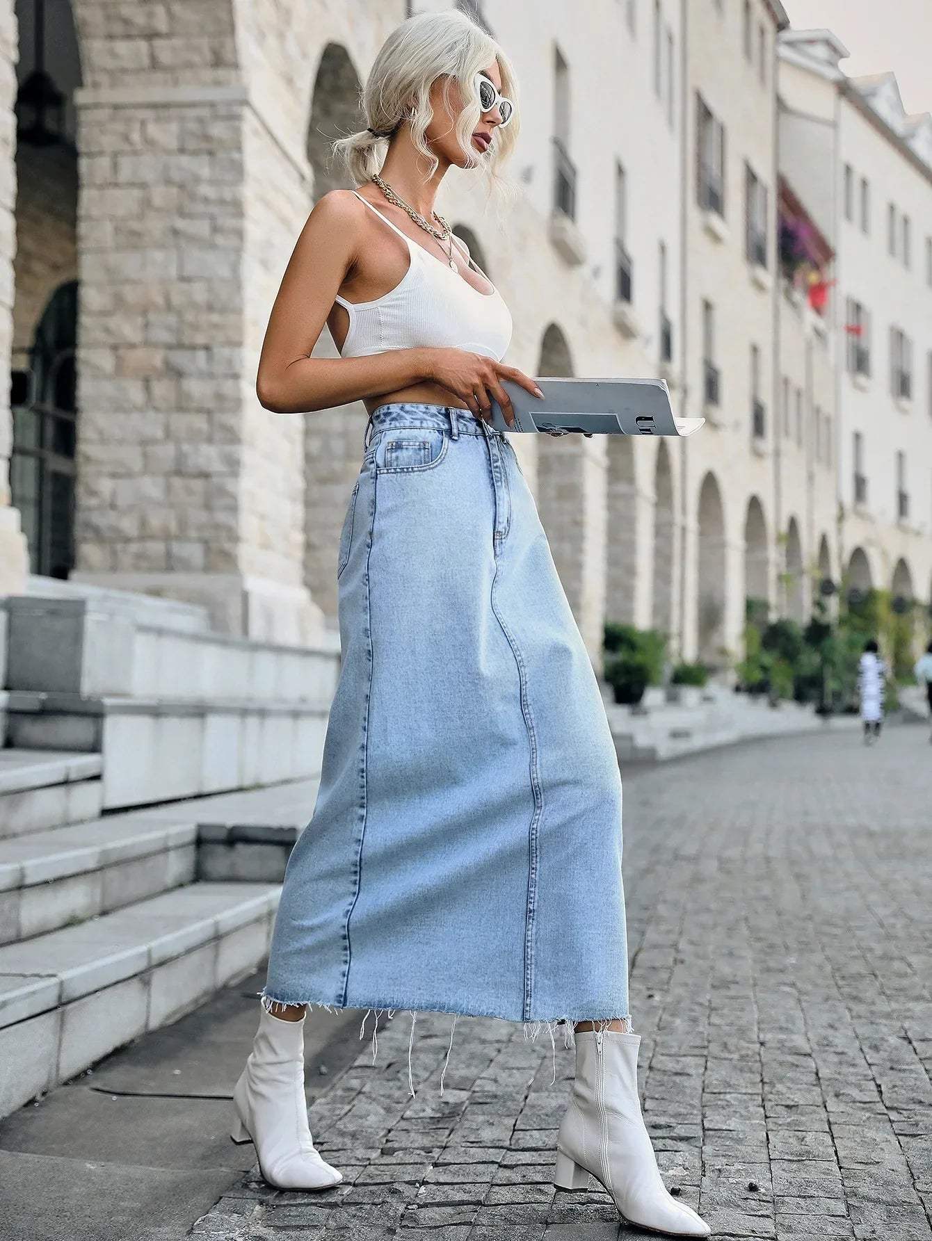 Women's Denim Maxi Skirt - High Waist - Front Seam - Frayed Hem Casual Wear