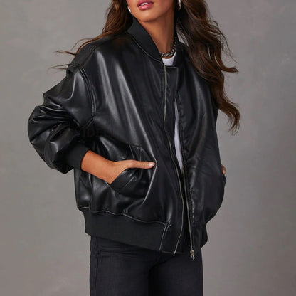 Women’s Bomber Jacket – Leather Look – Relaxed Fit – Ribbed Hem – Zip Closure