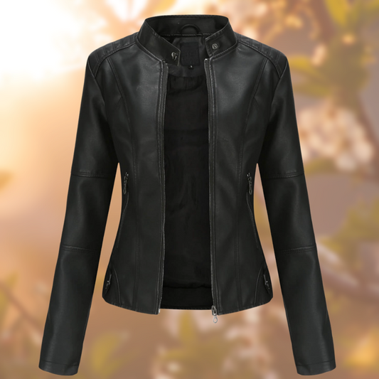 Women's Leather Jacket - Fitted Design - Band Collar - Zip Closure - Stylish Outerwear