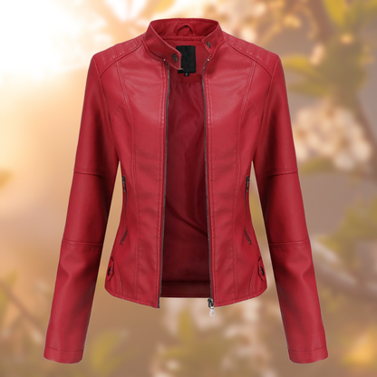 Women's PU leather jacket with standing collar and zippers