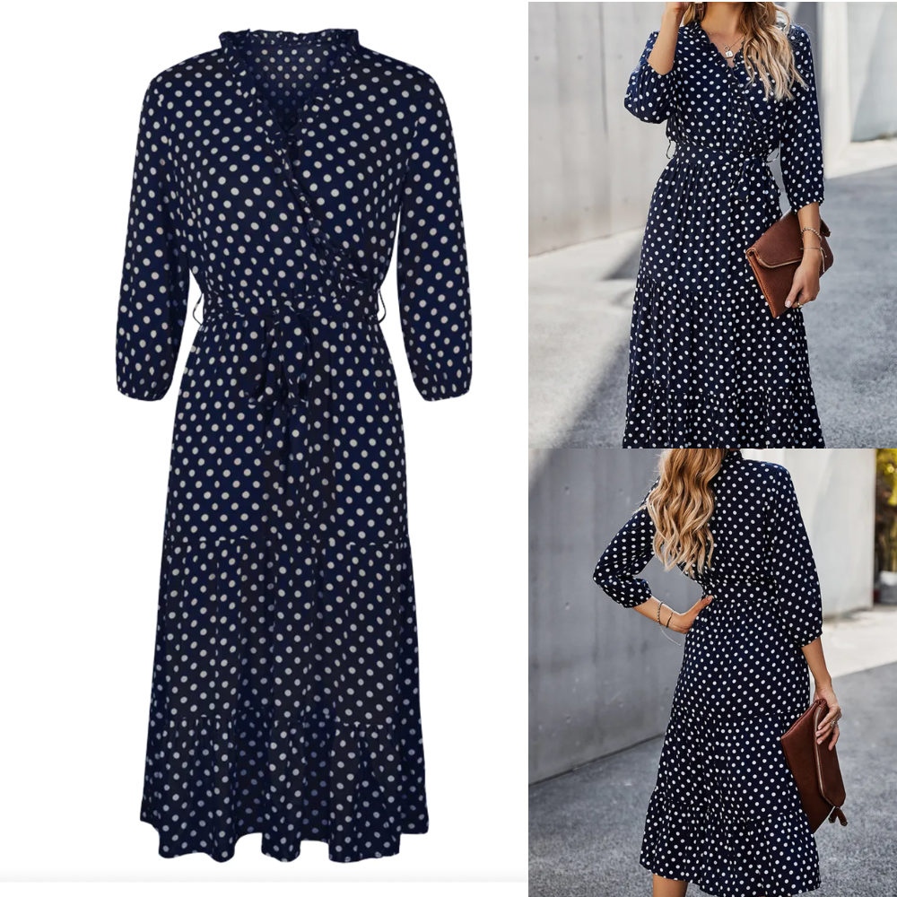 Women's Midi Wrap Dress - V-Neckline - Three-Quarter Sleeves - Adjustable Waist - Tiered Hem