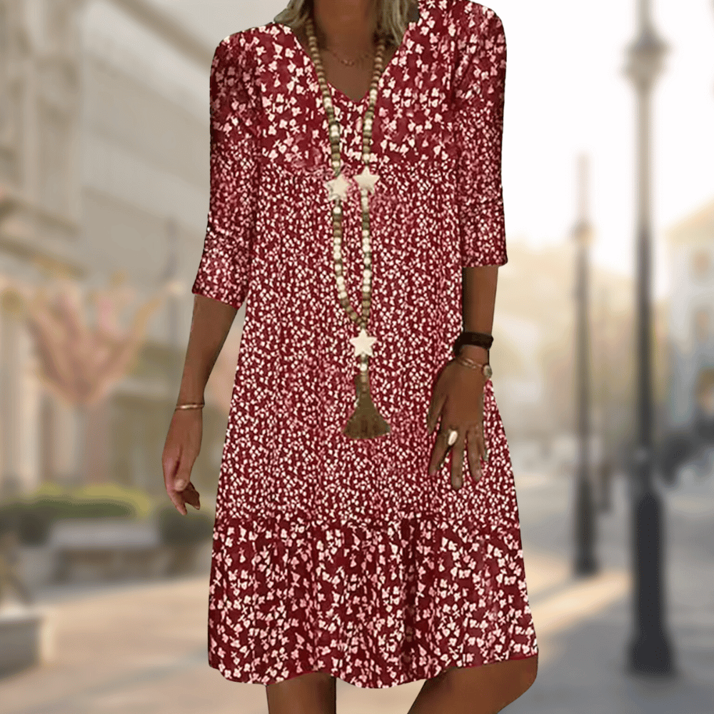 Floral Print Midi Dress with 3/4 Sleeves - Lightweight, Breathable, Summer Style