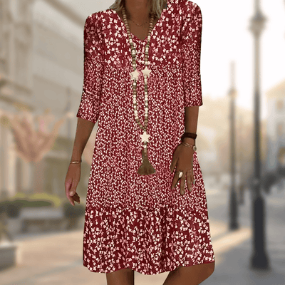 Floral Print Midi Dress with 3/4 Sleeves - Lightweight, Breathable, Summer Style