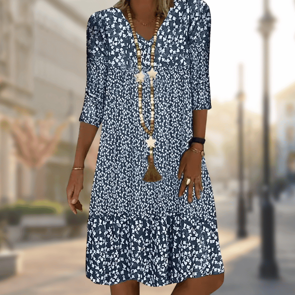 Floral Print Midi Dress with 3/4 Sleeves - Lightweight, Breathable, Summer Style