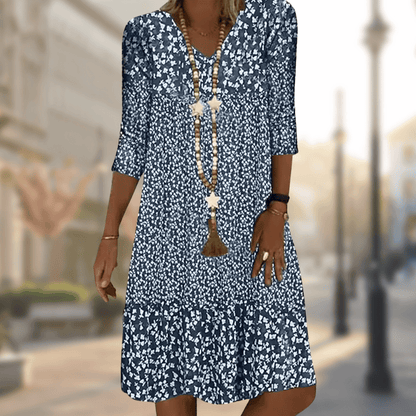 Floral Print Midi Dress with 3/4 Sleeves - Lightweight, Breathable, Summer Style