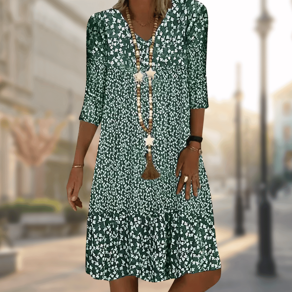 Floral Print Midi Dress with 3/4 Sleeves - Lightweight, Breathable, Summer Style