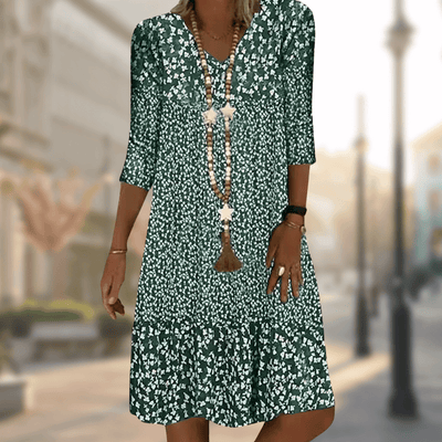 Floral Print Midi Dress with 3/4 Sleeves - Lightweight, Breathable, Summer Style