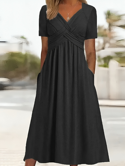 Women's A-Line Dress - Criss-Cross Bust - Short Sleeve - Knee-Length with Pockets