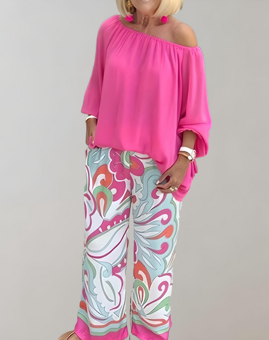 Women's Off-Shoulder Blouse - Flowy Three-Quarter Sleeves - Lightweight Elegant Fit