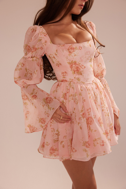 Women’s Mini Dress – Floral Print – A-Line Fit – Puffed Sleeves – Square Neckline