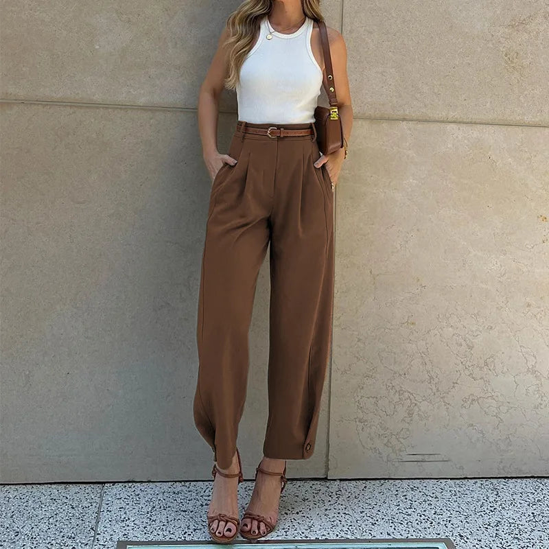 Women's High-Waisted Trousers - Pleated Tailored Fit - Wide Leg - Cropped Ankle Comfort