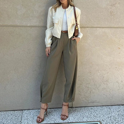 Women's High-Waisted Trousers - Pleated Tailored Fit - Wide Leg - Cropped Ankle Comfort