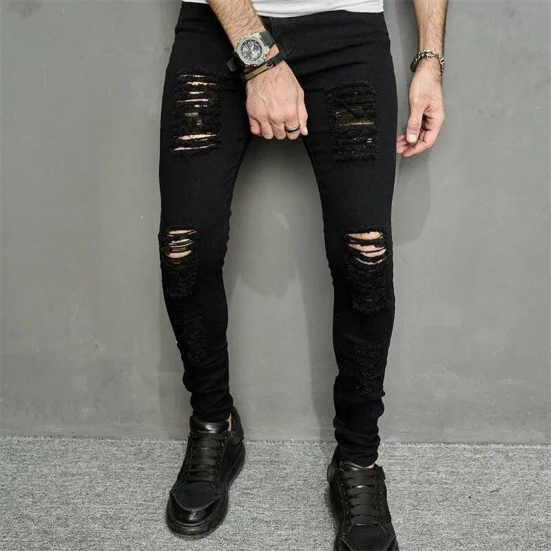 Men’s Skinny Jeans - Distressed Ripped Design - Stretch Fit - Casual Streetwear