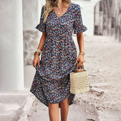 Women’s Midi Dress – Relaxed Fit – V-Neck – Flutter Sleeves – Breathable Blend