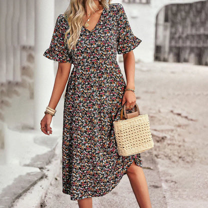 Women’s Midi Dress – Relaxed Fit – V-Neck – Flutter Sleeves – Breathable Blend