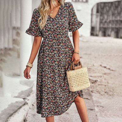 Women’s Midi Dress – Relaxed Fit – V-Neck – Flutter Sleeves – Breathable Blend