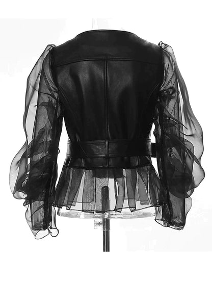 Women's PU leather jacket with mesh long sleeves