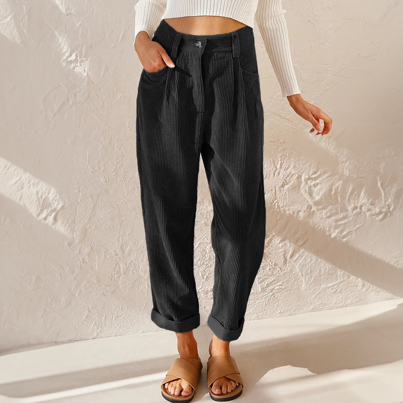 Women’s Corduroy Trousers – High Waist – Relaxed Fit – Pleated Front – Tapered Leg