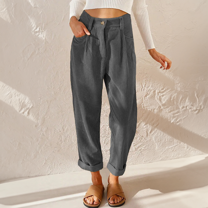Women’s Corduroy Trousers – High Waist – Relaxed Fit – Pleated Front – Tapered Leg