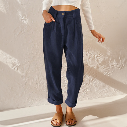 Women’s Corduroy Trousers – High Waist – Relaxed Fit – Pleated Front – Tapered Leg